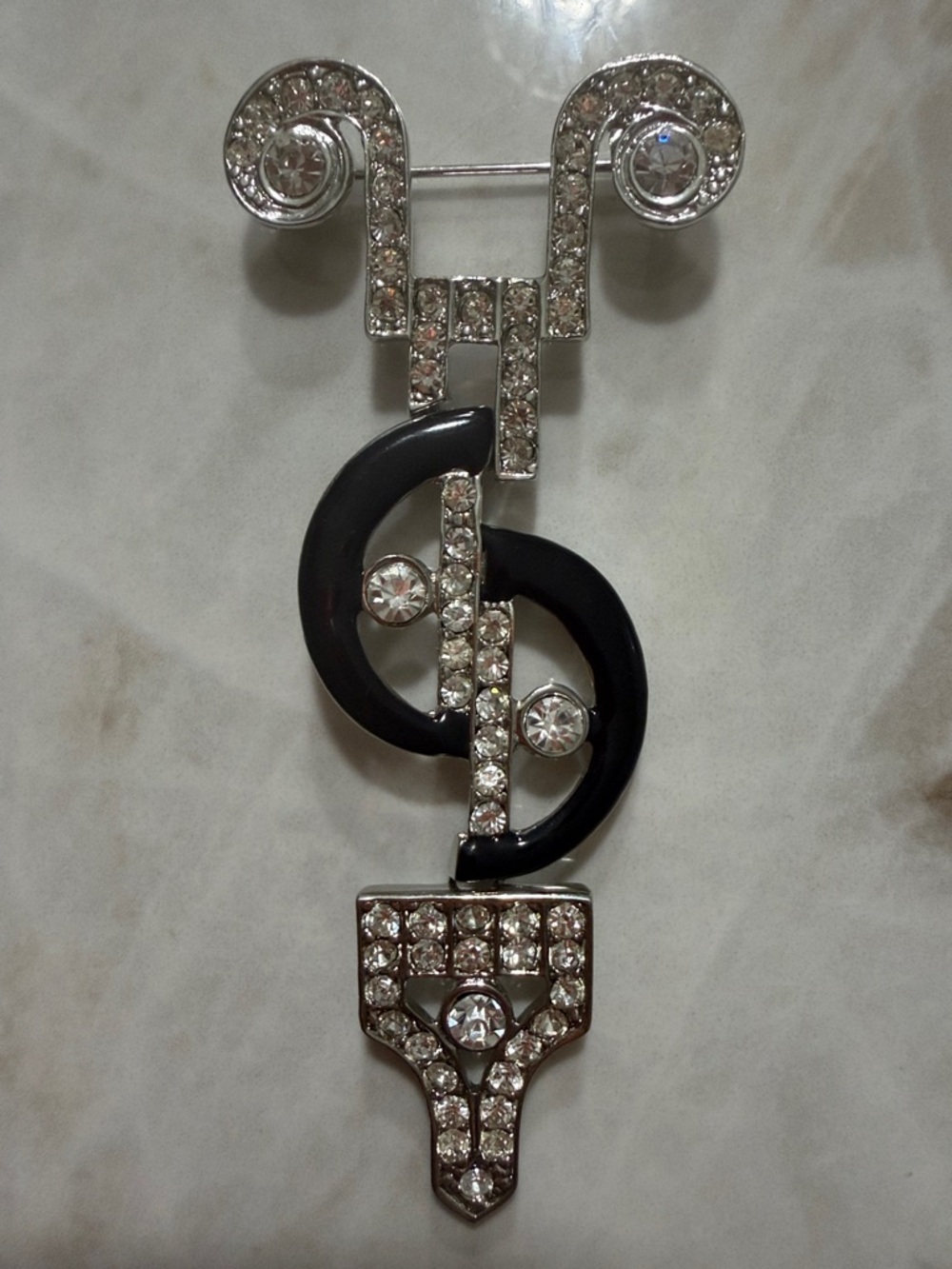 Art Deco Kenneth Lane Black and Silver Crystal Motif Brooch - Women's Jewelry